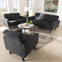 Baxton Studio R2017-Dark Grey-3PC-Set Carina Mid-Century Modern Dark Grey Fabric Upholstered 3-Piece Living Room Set